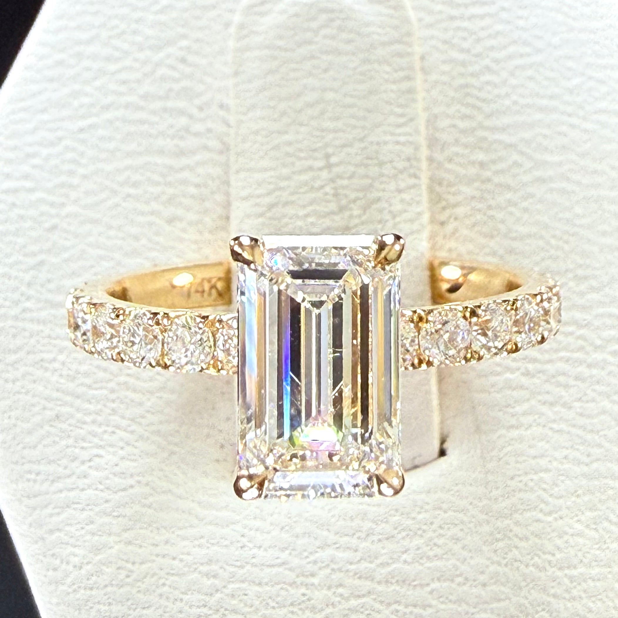 Elongated Emerald Cut Lab Grown Diamond Engagement Ring | 2.25ct IGI Certified | 14K Yellow Gold Pavé