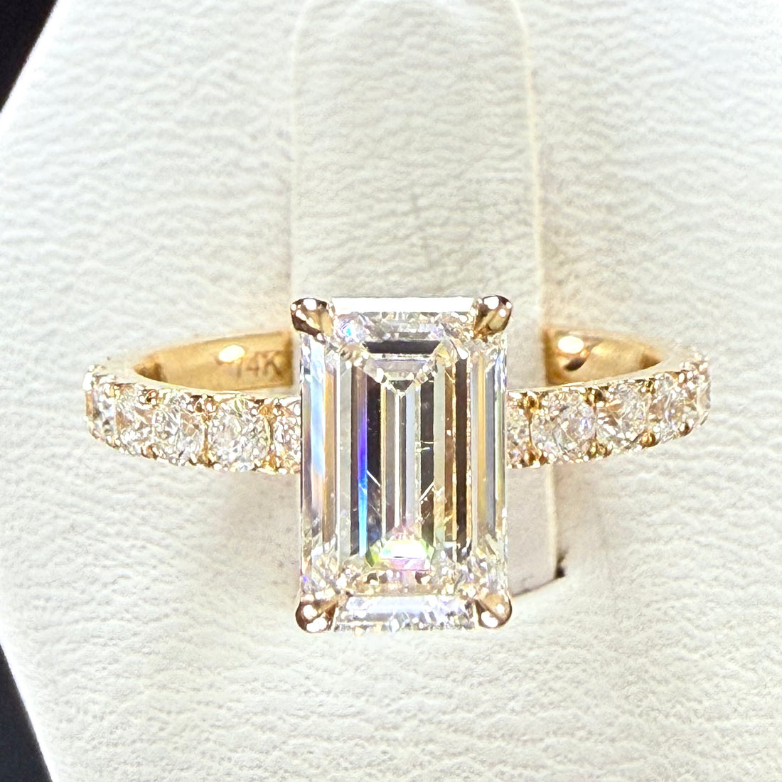 Elongated Emerald Cut Lab Grown Diamond Engagement Ring | 2.25ct IGI Certified | 14K Yellow Gold Pavé