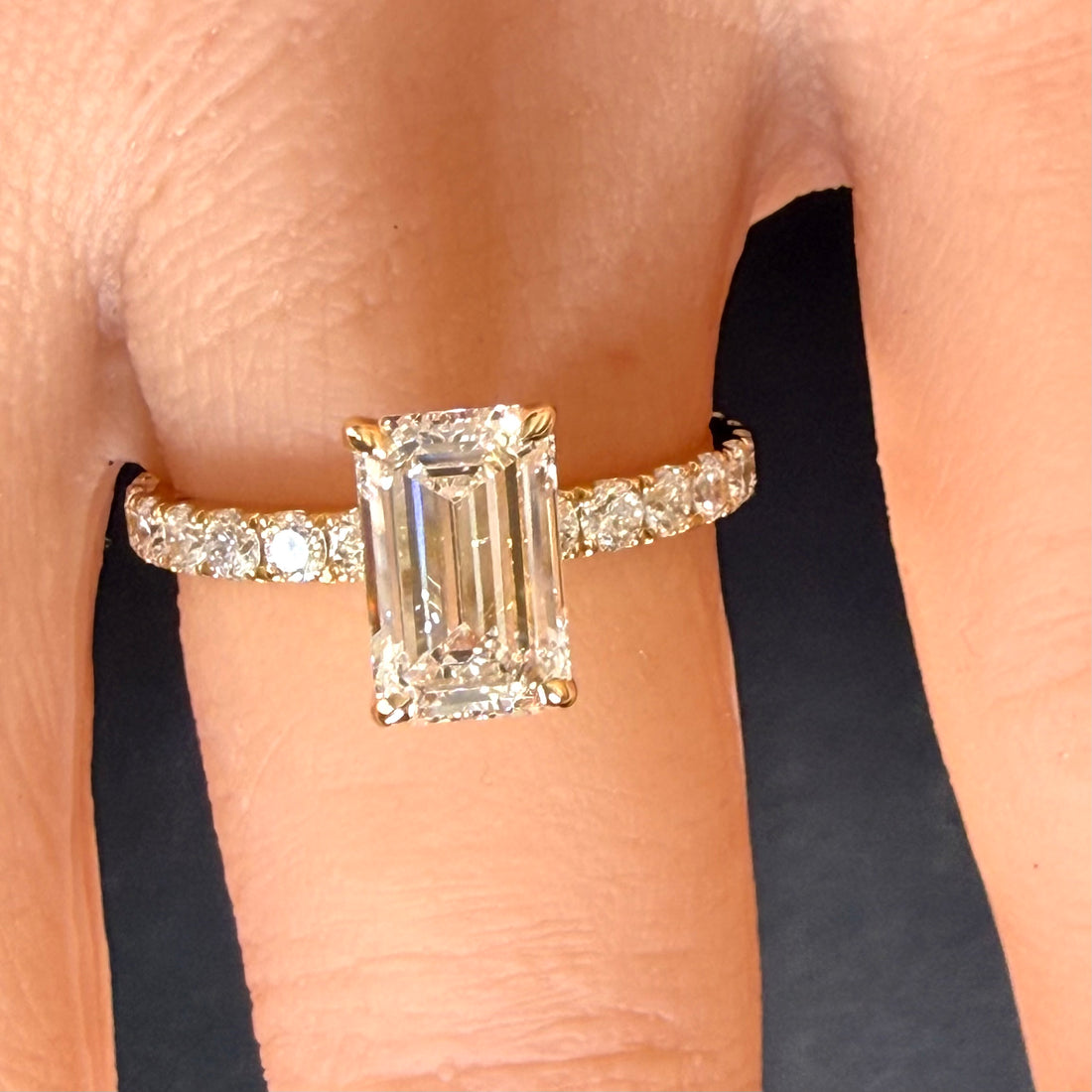 Elongated Emerald Cut Lab Grown Diamond Engagement Ring | 2.25ct IGI Certified | 14K Yellow Gold Pavé