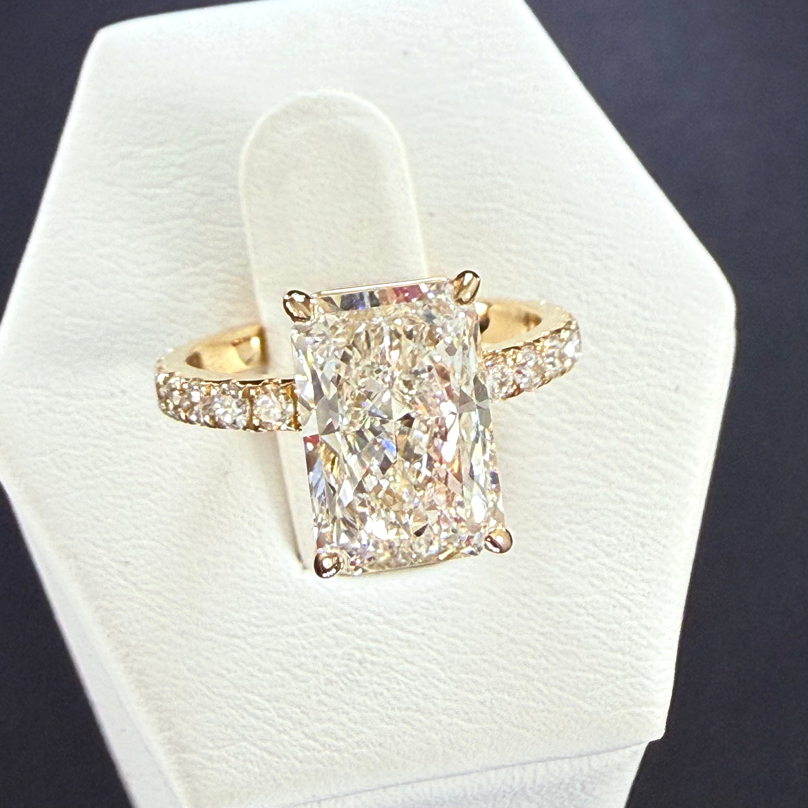 Radiant Cut Lab Grown Diamond Engagement Ring | 5.11ct IGI Certified | 14K Yellow Gold Pavé