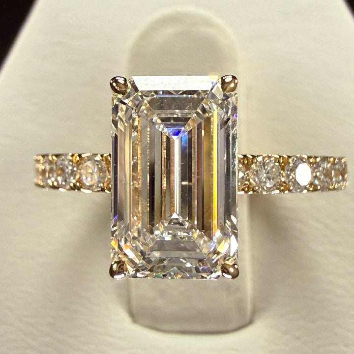 Elongated Emerald Cut Lab Grown Diamond Engagement Ring | 2.8ct IGI Certified | 14K Yellow Gold Pavé