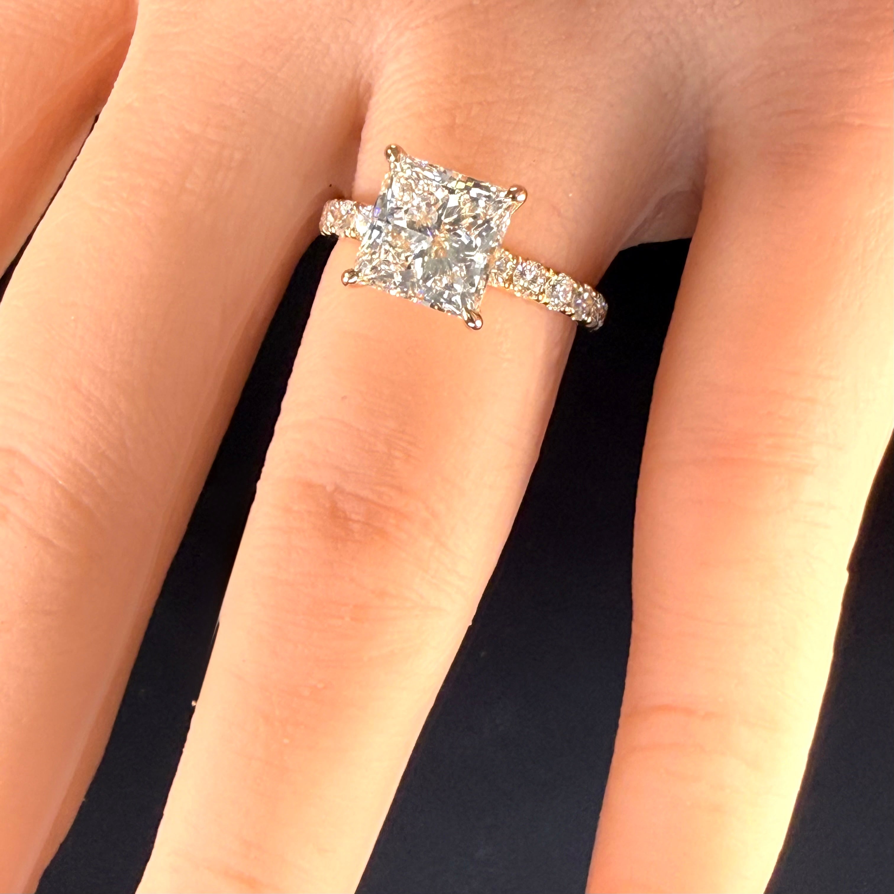 3ct Princess-Cut 14K Yellow Gold Lab-Grown Diamond Pavé Engagement Ring | D/VS1
