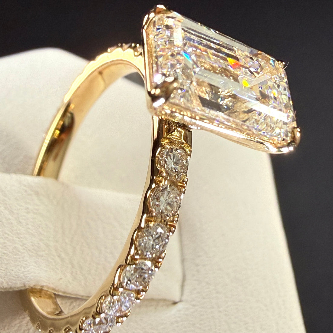 Elongated Emerald Cut Lab Grown Diamond Engagement Ring | 2.8ct IGI Certified | 14K Yellow Gold Pavé