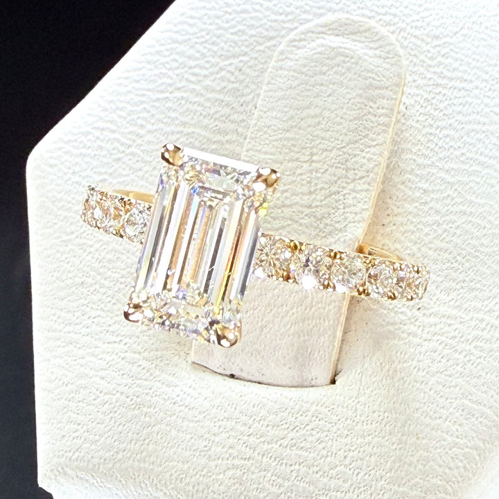 Elongated Emerald Cut Lab Grown Diamond Engagement Ring | 2.25ct IGI Certified | 14K Yellow Gold Pavé
