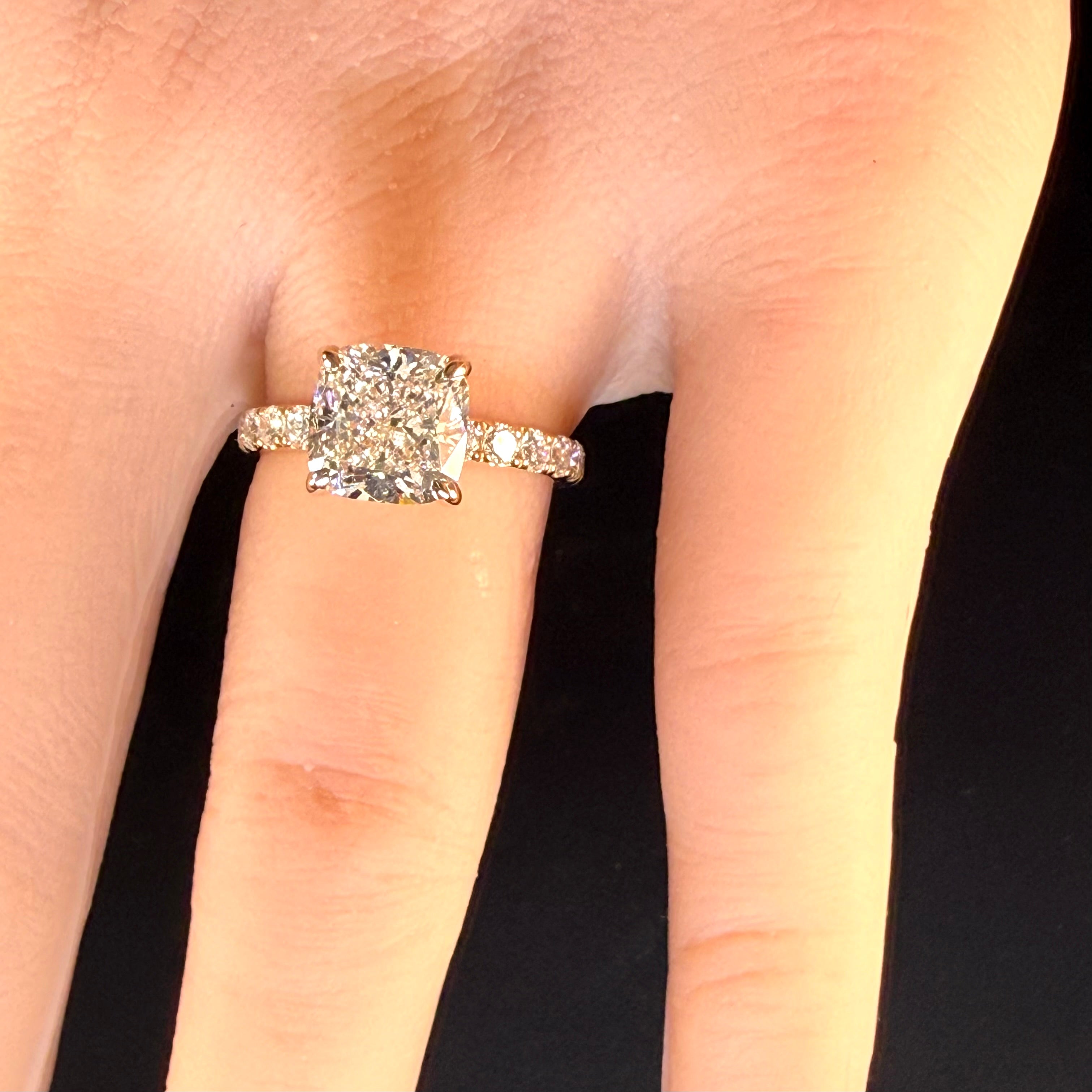 3Ct Cushion Cut Lab Grown Diamond Pave Engagement Ring | 14K Yellow Gold | IGI Cert. | D/VS1