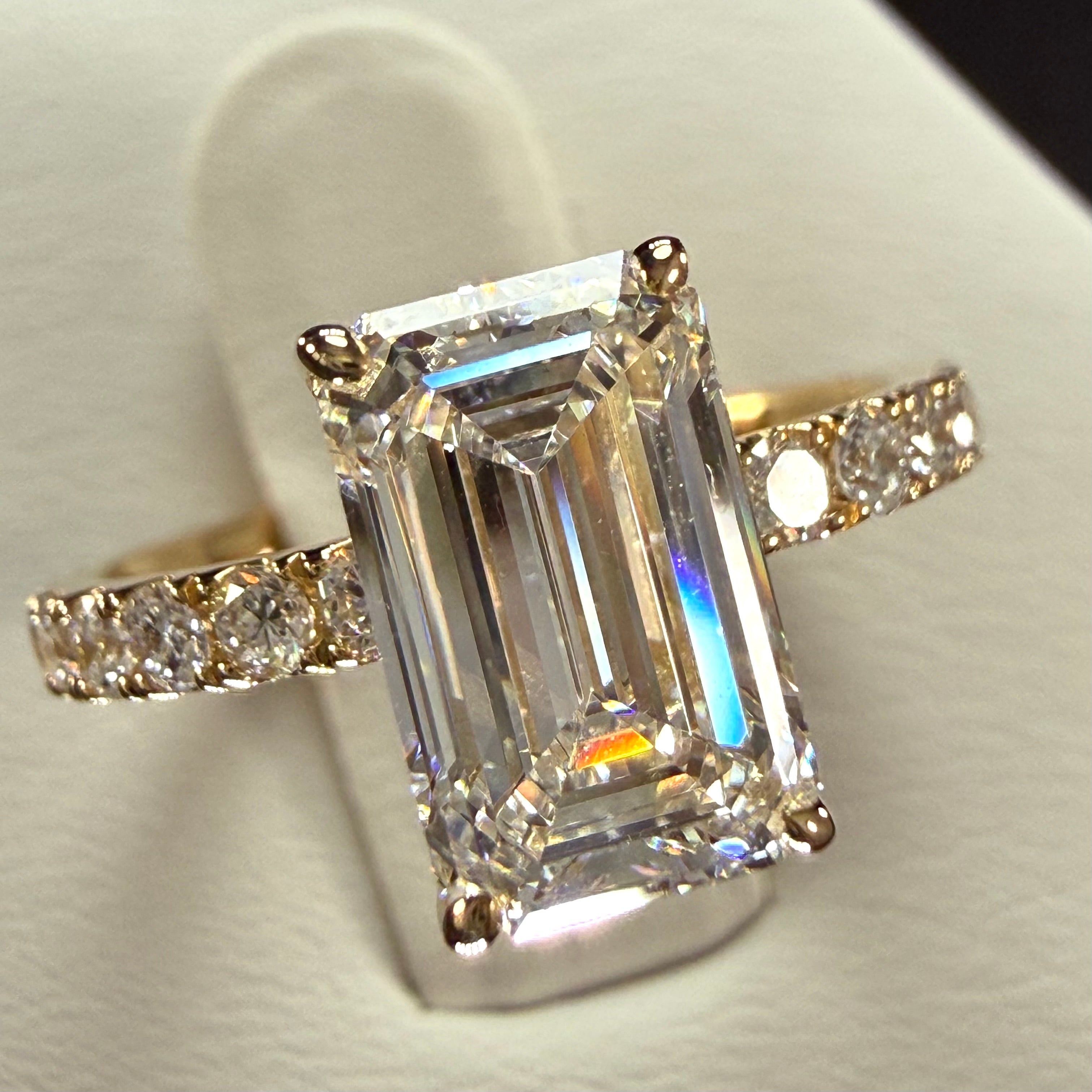 Elongated Emerald Cut Lab Grown Diamond Engagement Ring | 2.8ct IGI Certified | 14K Yellow Gold Pavé