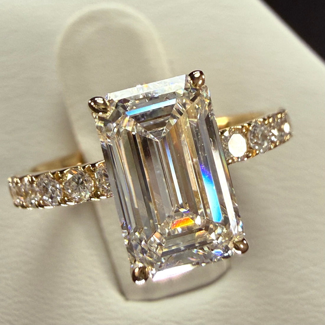 Elongated Emerald Cut Lab Grown Diamond Engagement Ring | 2.8ct IGI Certified | 14K Yellow Gold Pavé