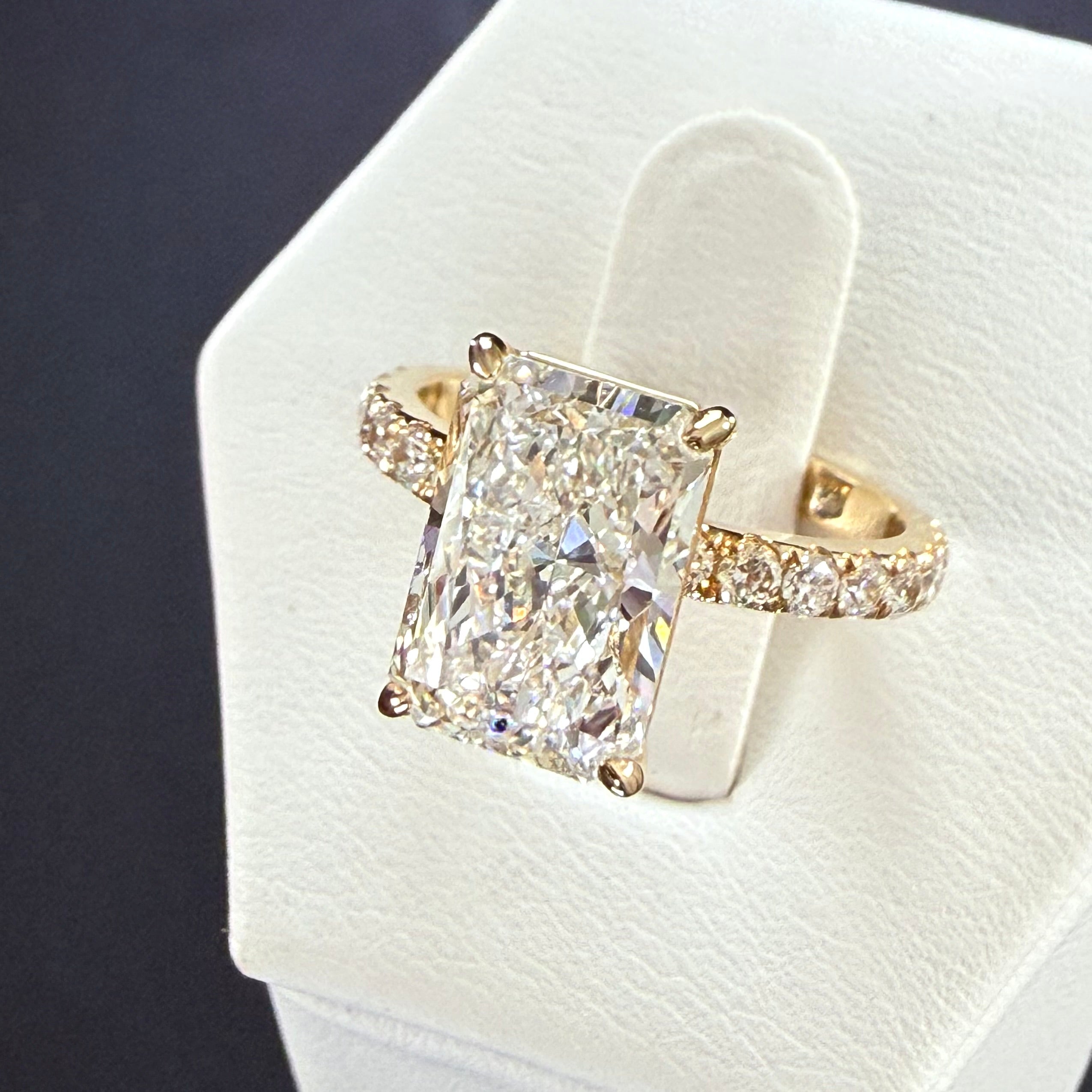 Radiant Cut Lab Grown Diamond Engagement Ring | 5.11ct IGI Certified | 14K Yellow Gold Pavé