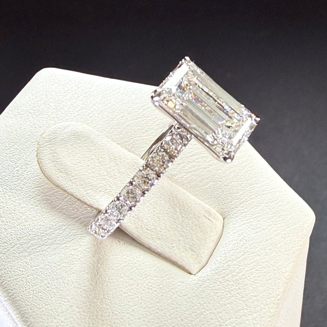 Elongated Emerald Cut Lab Grown Diamond Engagement Ring | 2.25ct IGI Certified | 14K White Gold Pavé