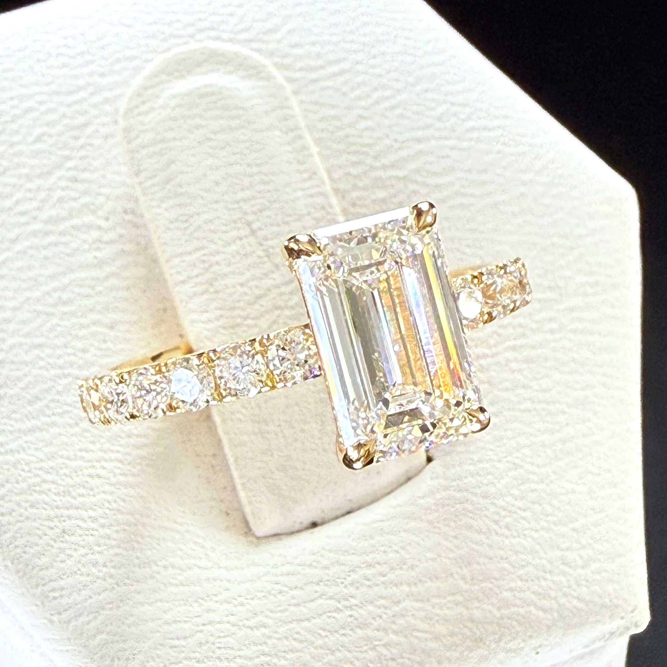 Elongated Emerald Cut Lab Grown Diamond Engagement Ring | 2.25ct IGI Certified | 14K Yellow Gold Pavé