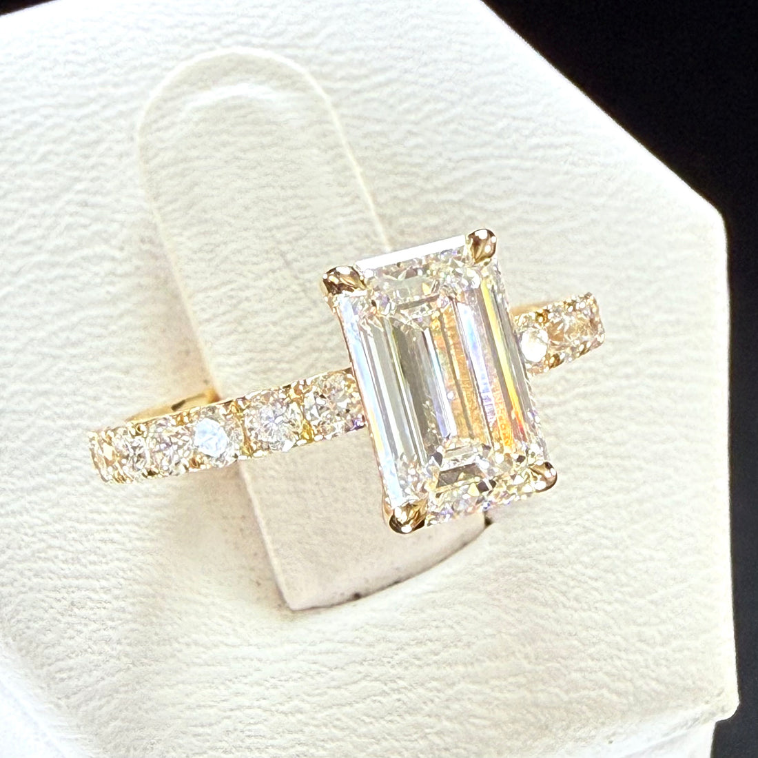 Elongated Emerald Cut Lab Grown Diamond Engagement Ring | 2.25ct IGI Certified | 14K Yellow Gold Pavé