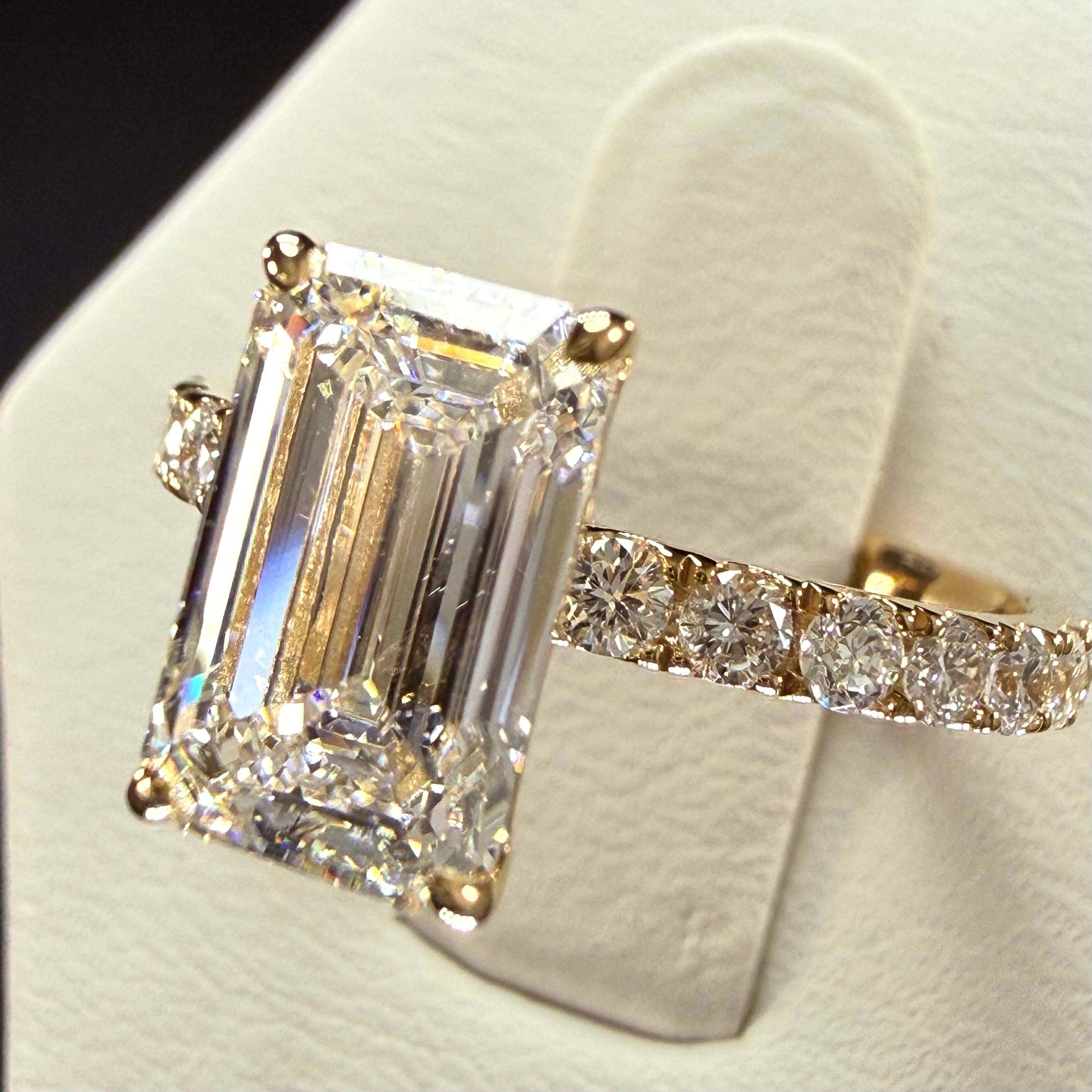 Elongated Emerald Cut Lab Grown Diamond Engagement Ring | 2.8ct IGI Certified | 14K Yellow Gold Pavé