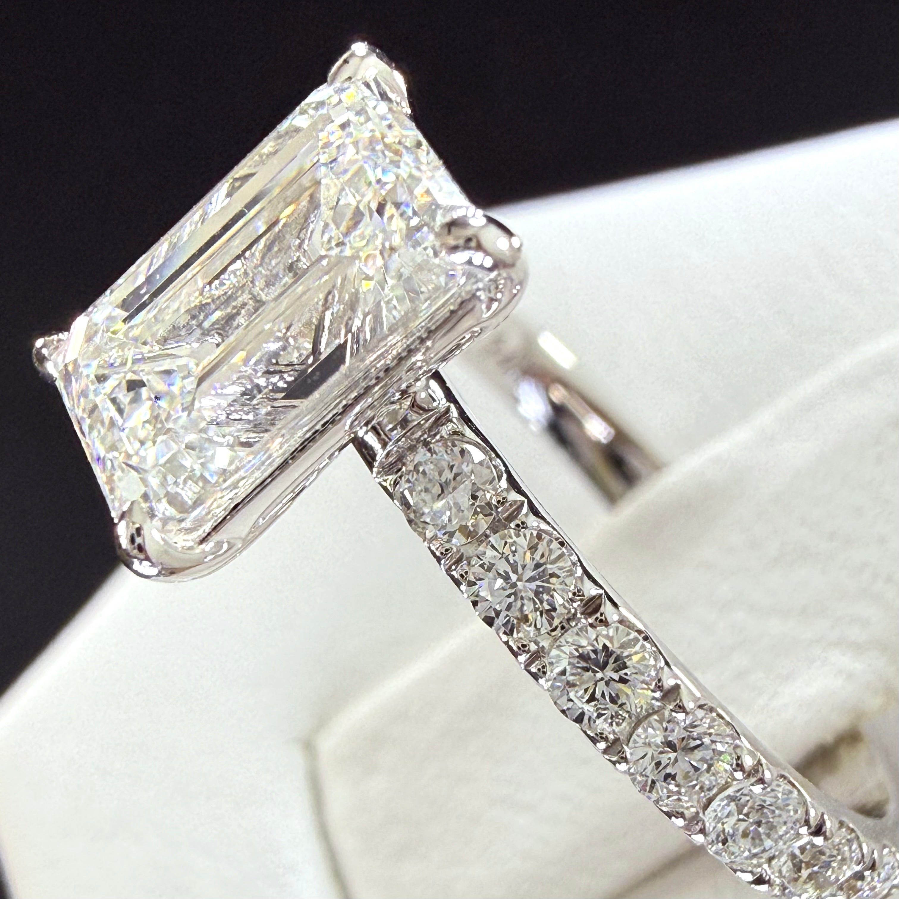Elongated Emerald Cut Lab Grown Diamond Engagement Ring | 2.77ct IGI Certified | 14K White Gold Pavé