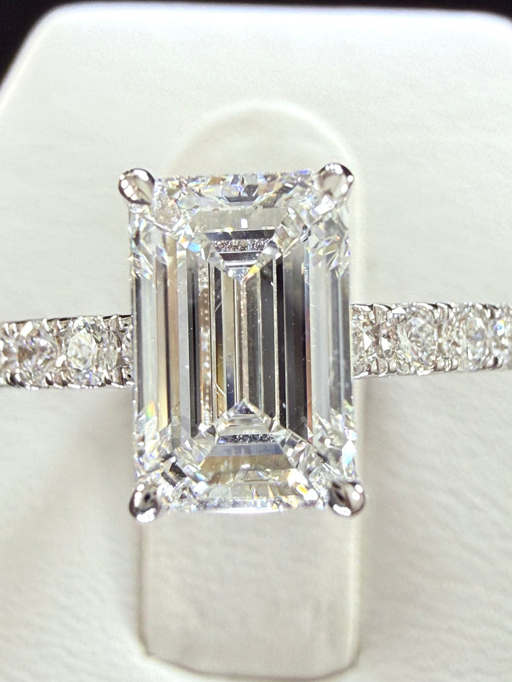 Elongated Emerald Cut Lab Grown Diamond Engagement Ring | 2.77ct IGI Certified | 14K White Gold Pavé