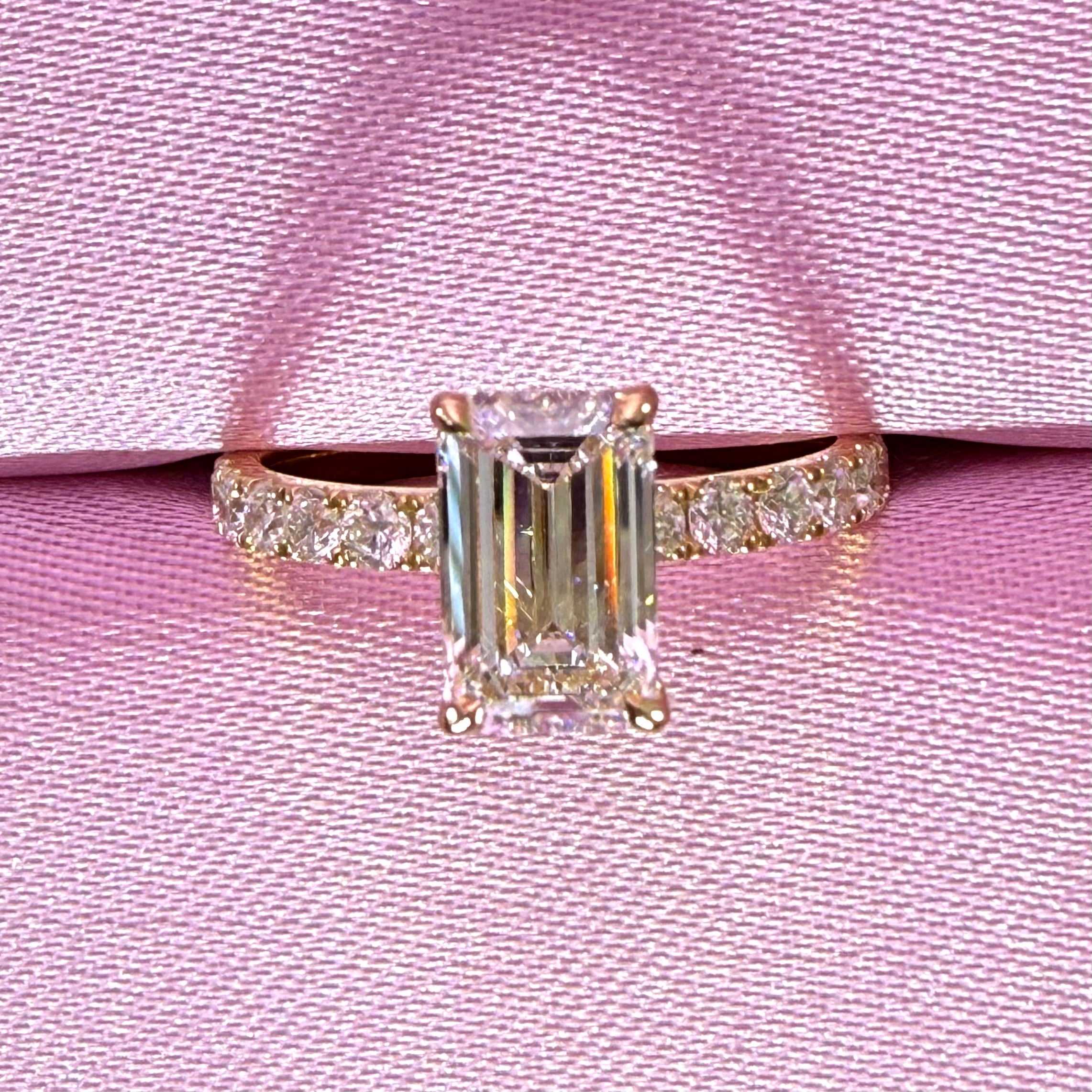 Elongated Emerald Cut Lab Grown Diamond Engagement Ring | 2.25ct IGI Certified | 14K Yellow Gold Pavé