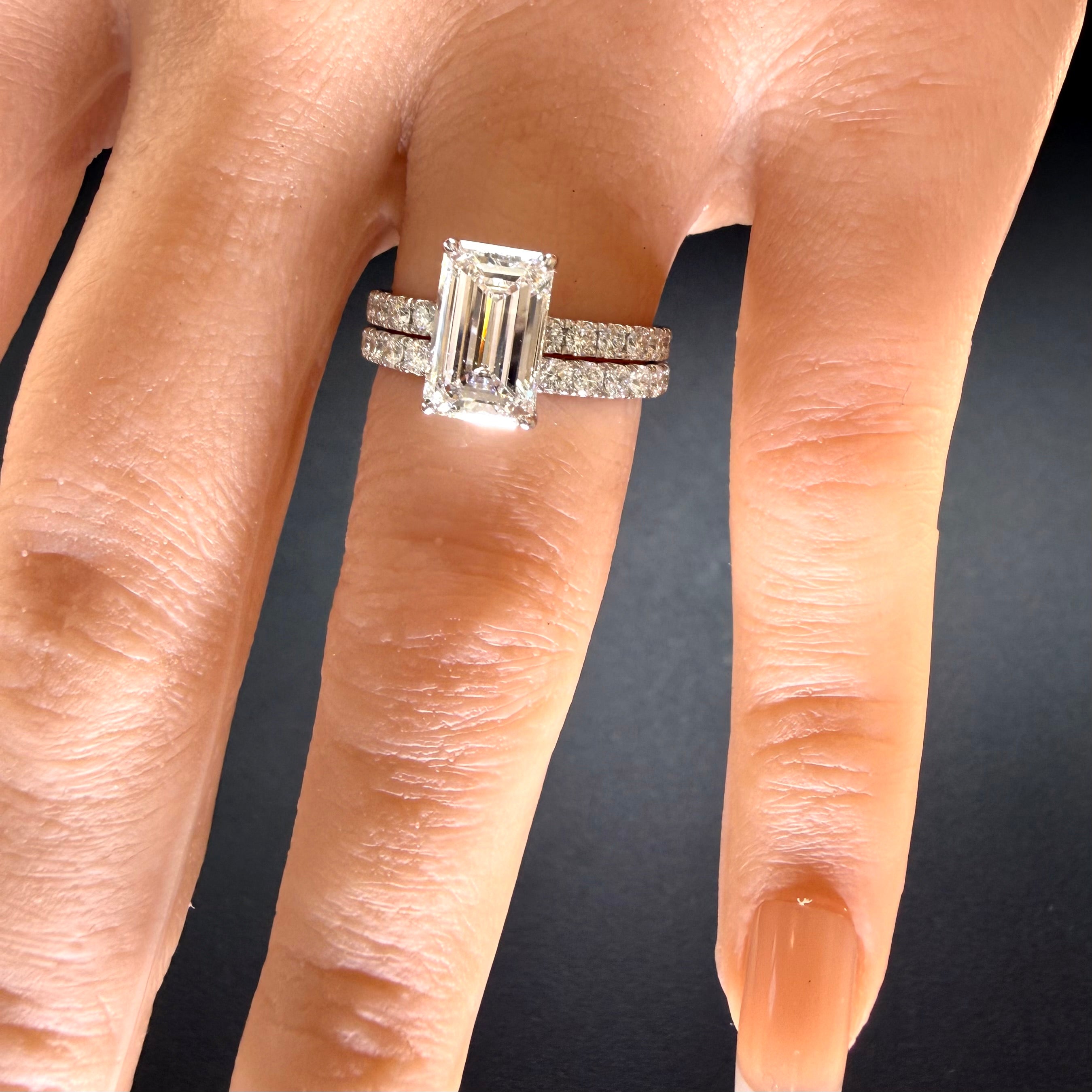 Elongated Emerald Cut Lab Grown Diamond Engagement Ring | 2.25ct IGI Certified | 14K White Gold Pavé