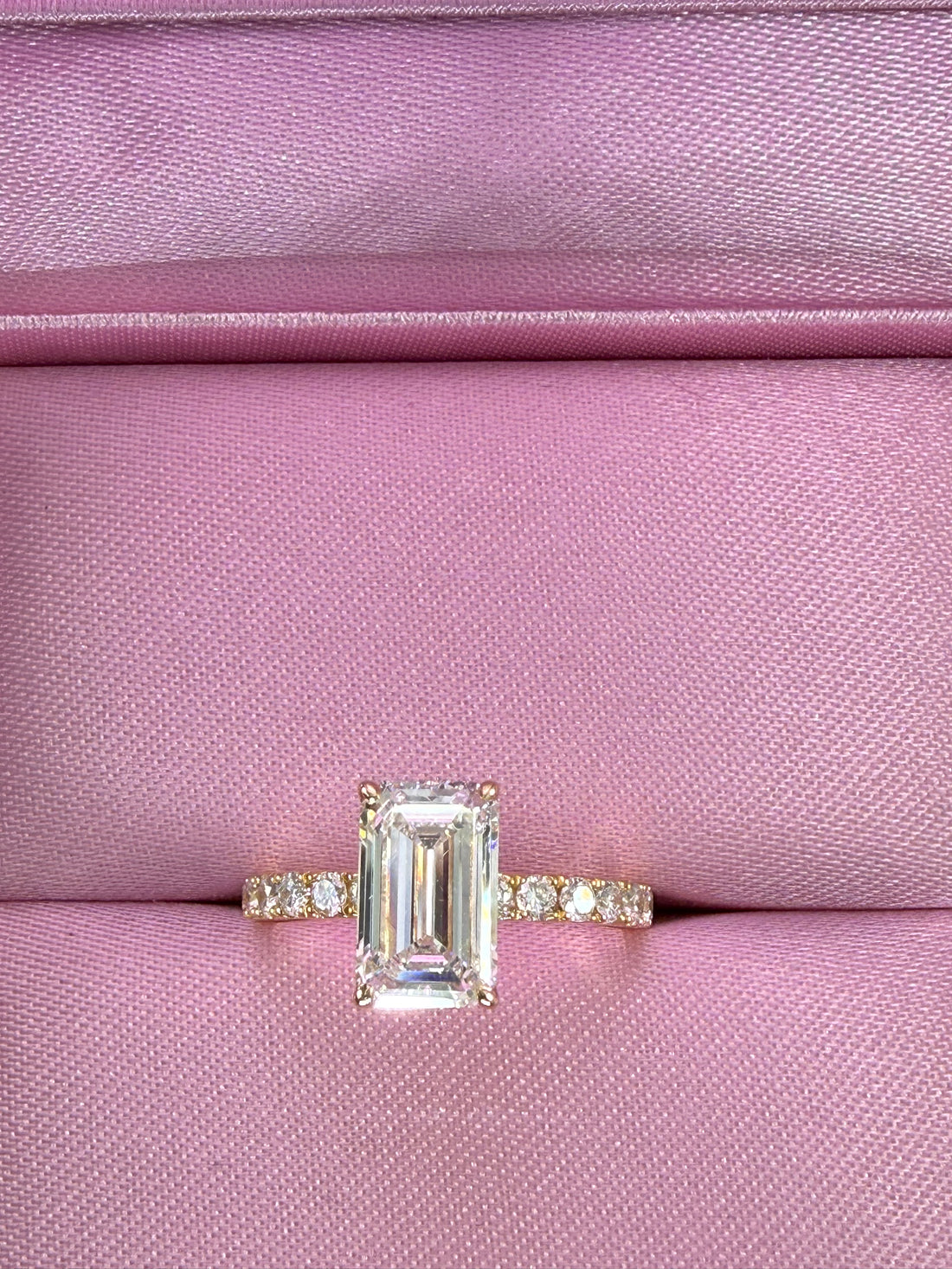 Elongated Emerald Cut Lab Grown Diamond Engagement Ring | 3.75ct IGI Certified | 14K Yellow Gold Pavé