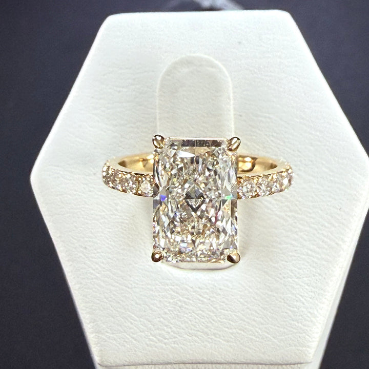 Radiant Cut Lab Grown Diamond Engagement Ring | 5.11ct IGI Certified | 14K Yellow Gold Pavé