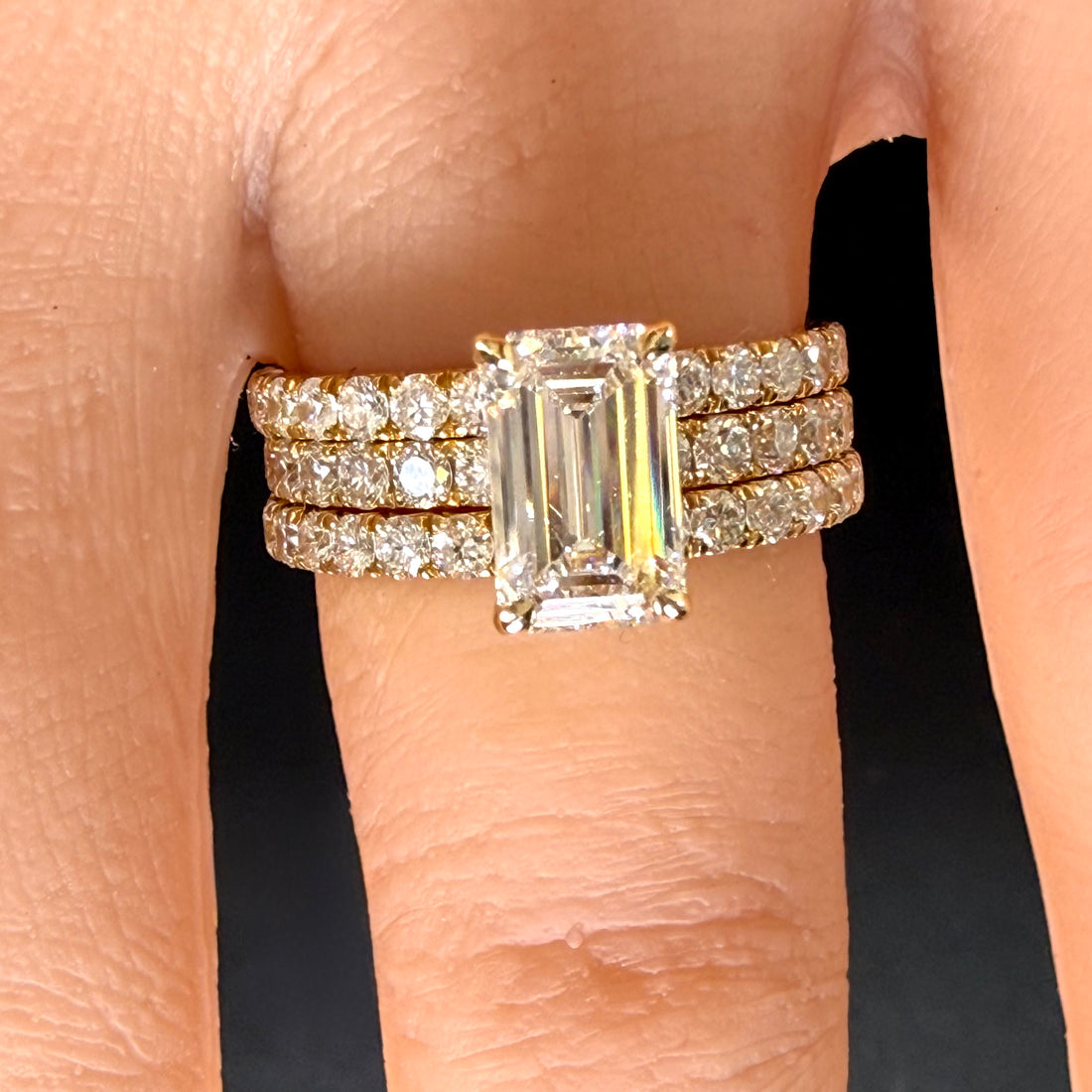 Elongated Emerald Cut Lab Grown Diamond Engagement Ring | 2.25ct IGI Certified | 14K Yellow Gold Pavé