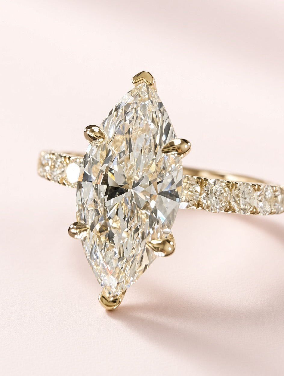 Marquise Cut Lab Grown Diamond Engagement Ring | 3.75ct IGI Certified | 14K Yellow Gold Pavé