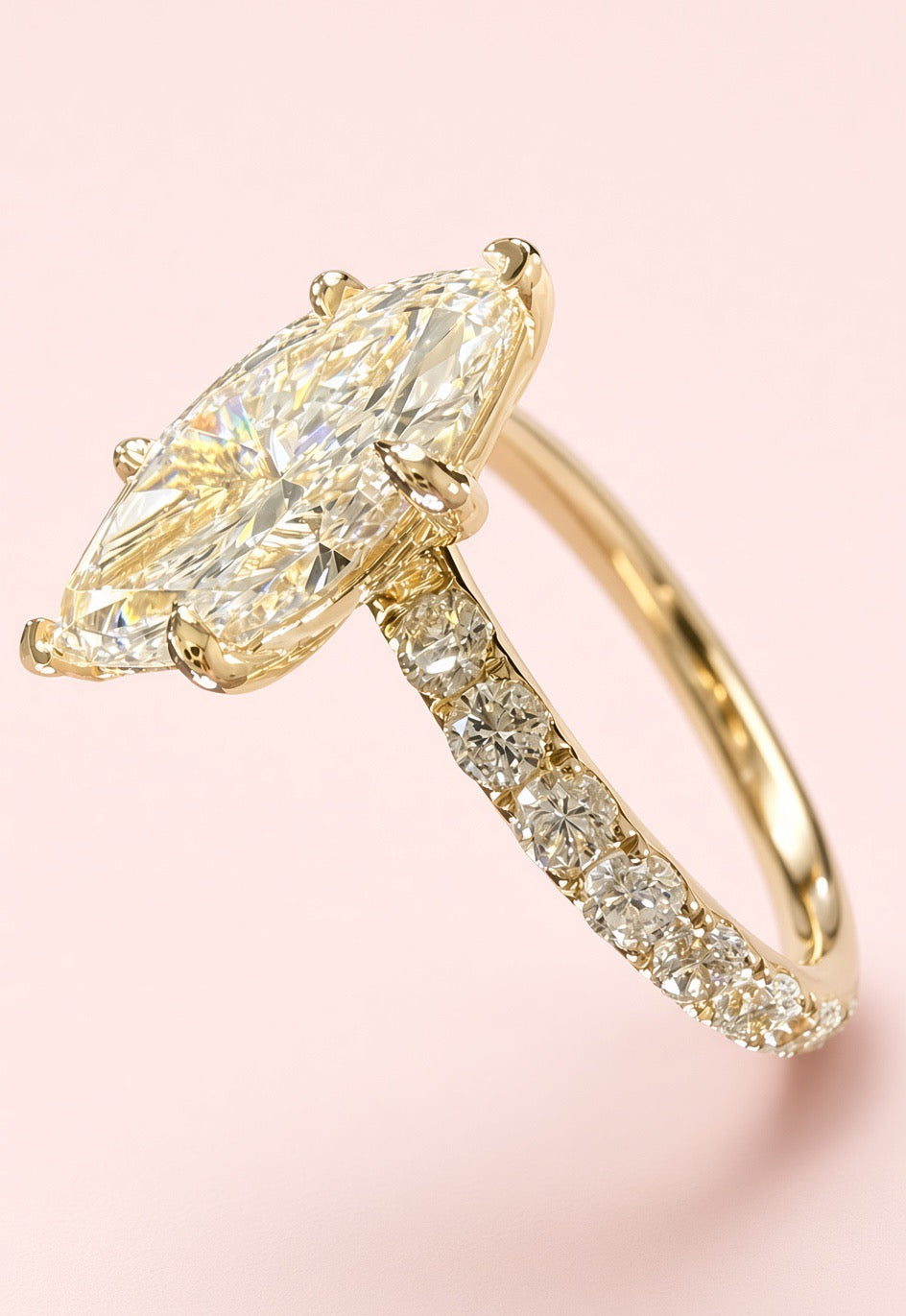 Marquise Cut Lab Grown Diamond Engagement Ring | 3.75ct IGI Certified | 14K Yellow Gold Pavé