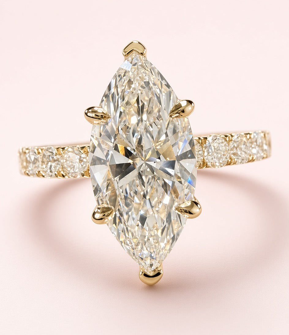 Marquise Cut Lab Grown Diamond Engagement Ring | 3.75ct IGI Certified | 14K Yellow Gold Pavé