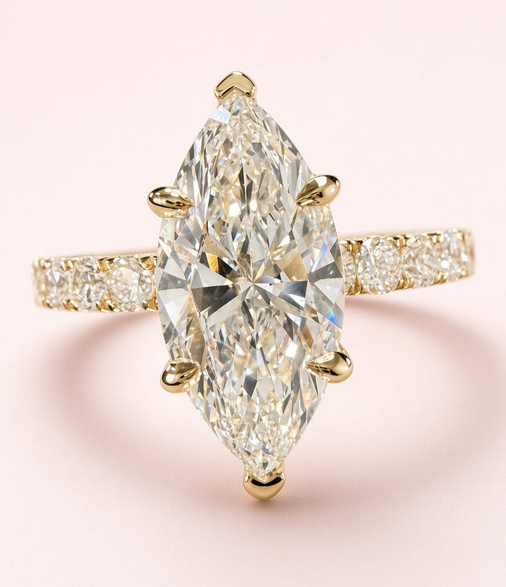 Marquise Cut Lab Grown Diamond Engagement Ring | 3.75ct IGI Certified | 14K Yellow Gold Pavé