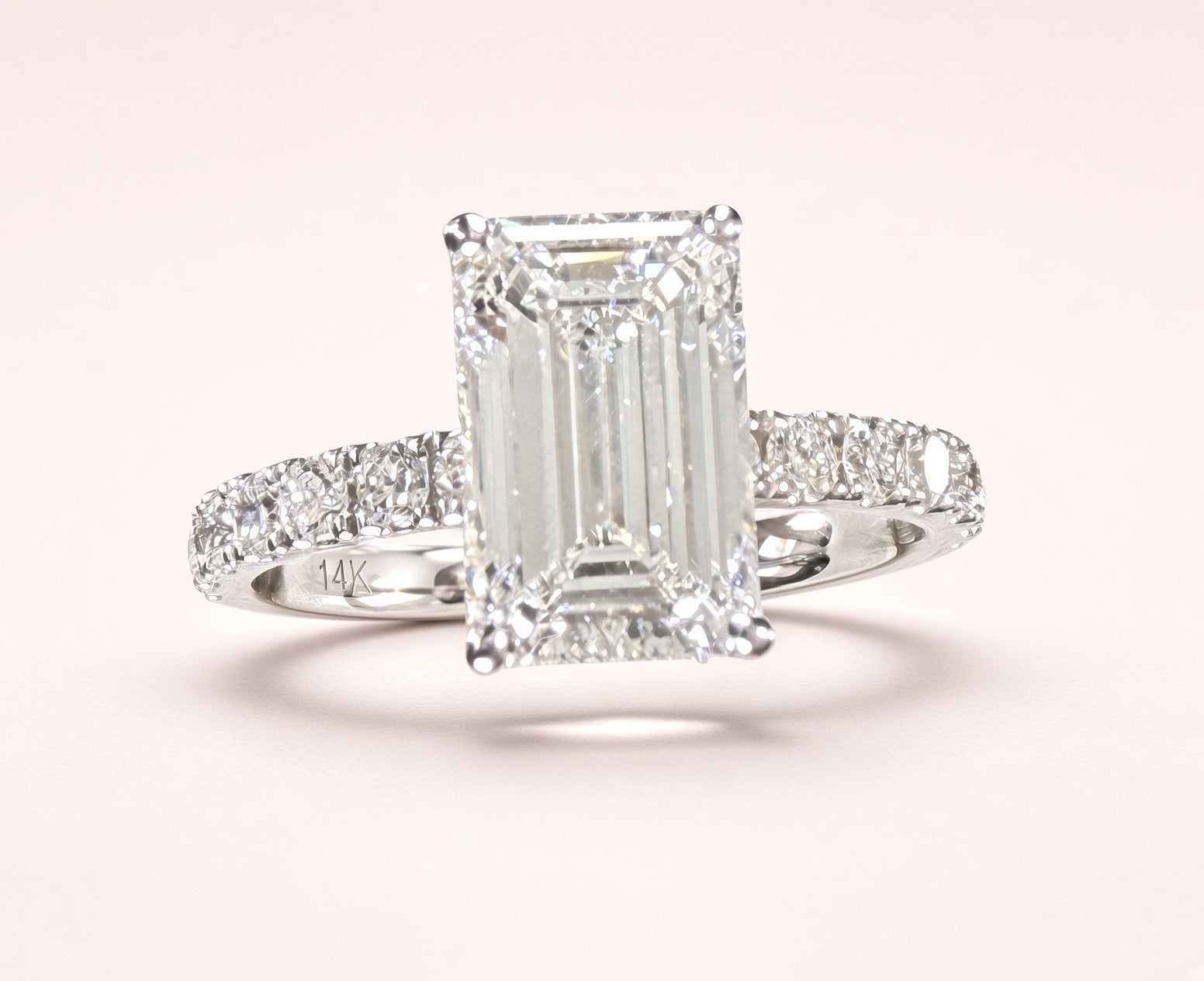 Elongated Emerald Cut Lab Grown Diamond Engagement Ring | 2.25ct IGI Certified | 14K White Gold Pavé