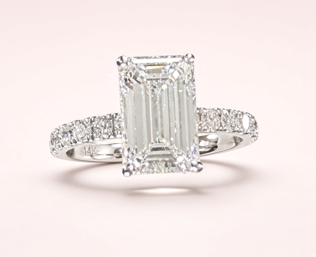 Elongated Emerald Cut Lab Grown Diamond Engagement Ring | 2.25ct IGI Certified | 14K White Gold Pavé