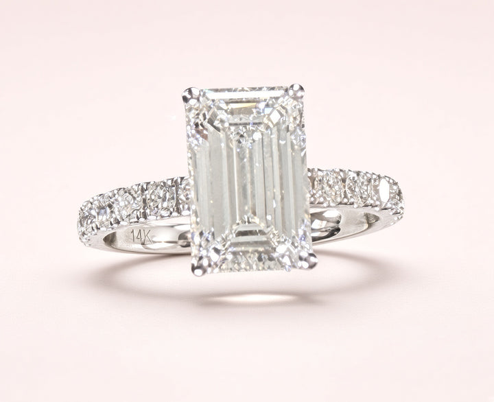 Elongated Emerald Cut Lab Grown Diamond Engagement Ring | 2.25ct IGI Certified | 14K White Gold Pavé