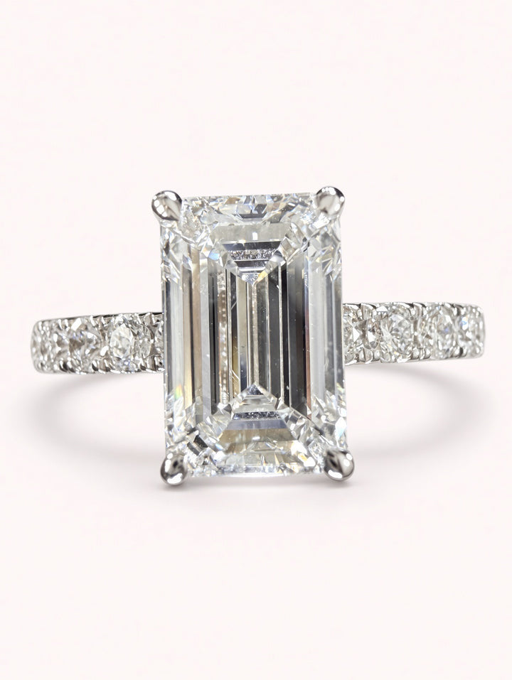 Elongated Emerald Cut Lab Grown Diamond Engagement Ring | 2.77ct IGI Certified | 14K White Gold Pavé