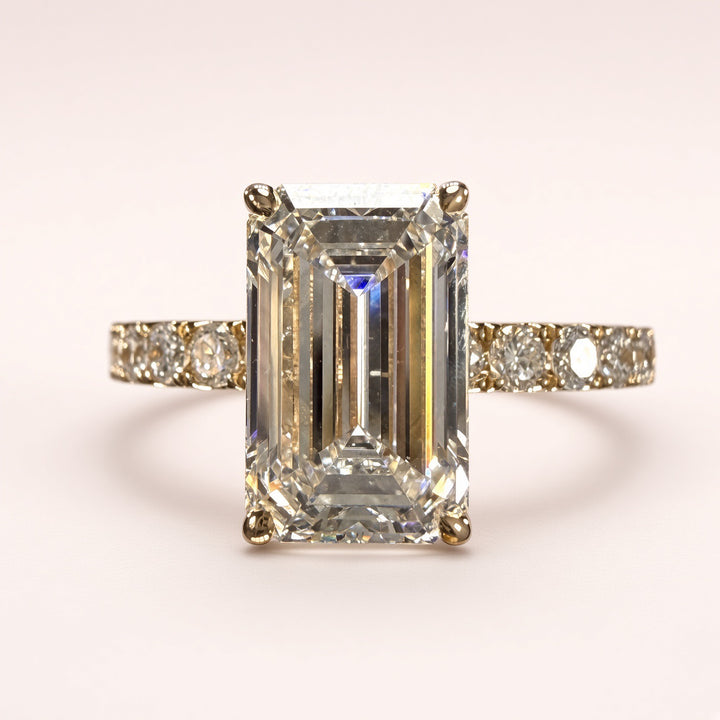 Elongated Emerald Cut Lab Grown Diamond Engagement Ring | 3.75ct IGI Certified | 14K Yellow Gold Pavé