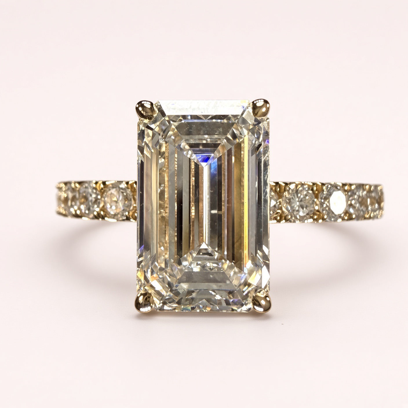 Elongated Emerald Cut Lab Grown Diamond Engagement Ring | 2.8ct IGI Certified | 14K Yellow Gold Pavé