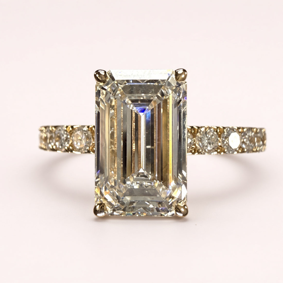Elongated Emerald Cut Lab Grown Diamond Engagement Ring | 2.8ct IGI Certified | 14K Yellow Gold Pavé