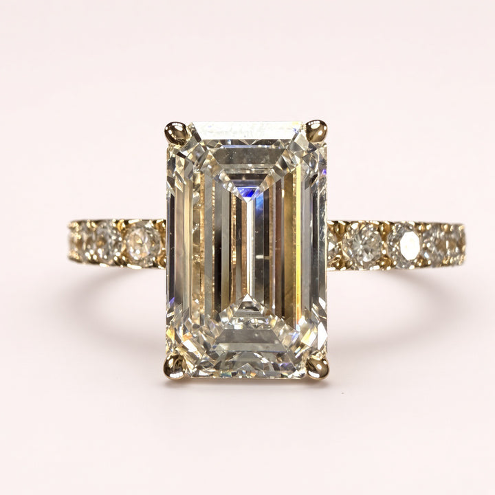 Elongated Emerald Cut Lab Grown Diamond Engagement Ring | 2.8ct IGI Certified | 14K Yellow Gold Pavé