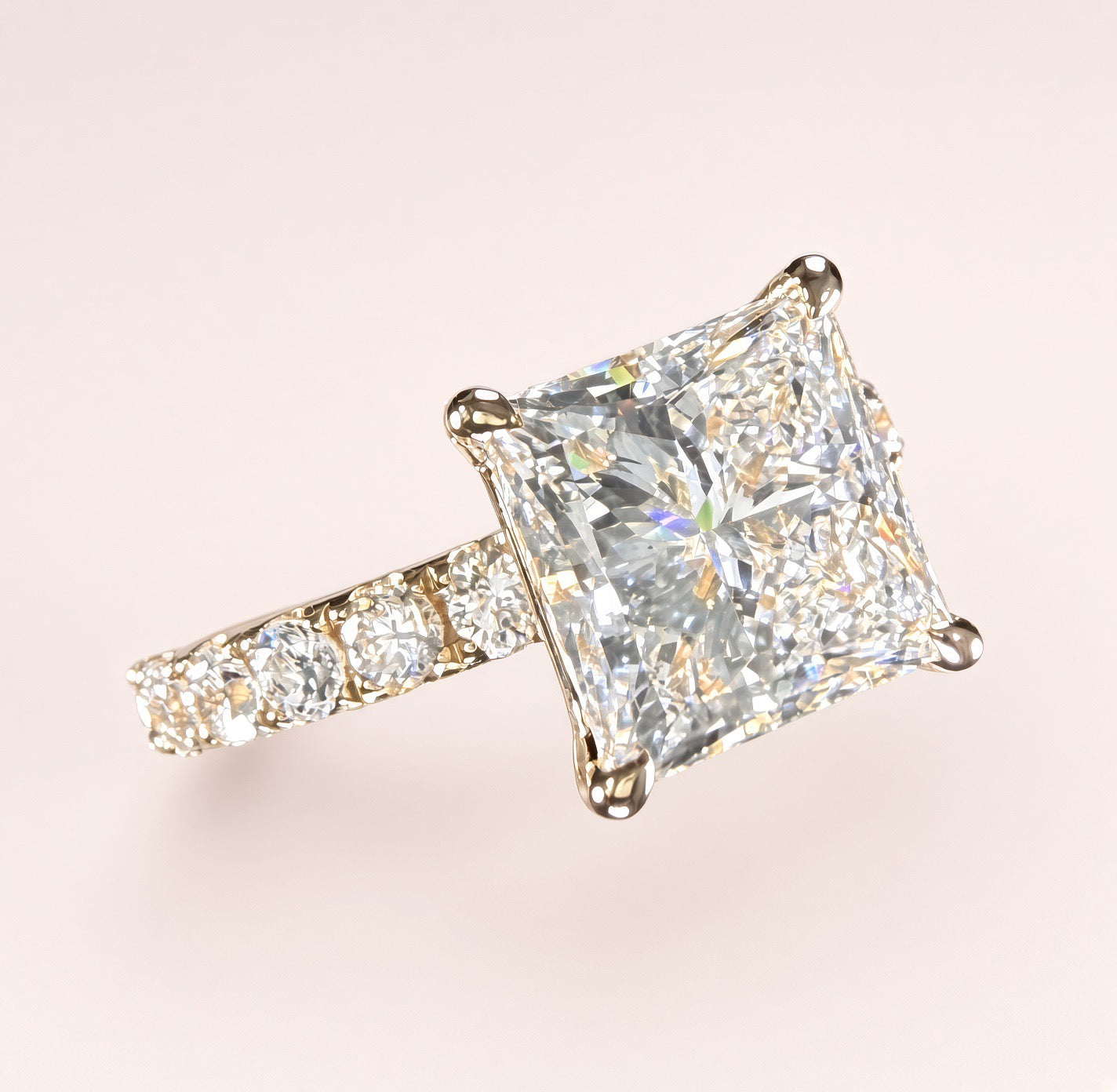 3ct Princess-Cut 14K Yellow Gold Lab-Grown Diamond Pavé Engagement Ring | D/VS1