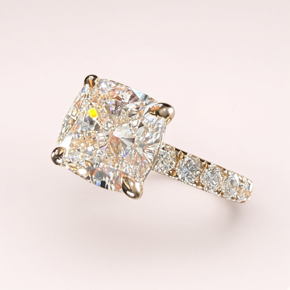 3Ct Cushion Cut Lab Grown Diamond Pave Engagement Ring | 14K Yellow Gold | IGI Cert. | D/VS1