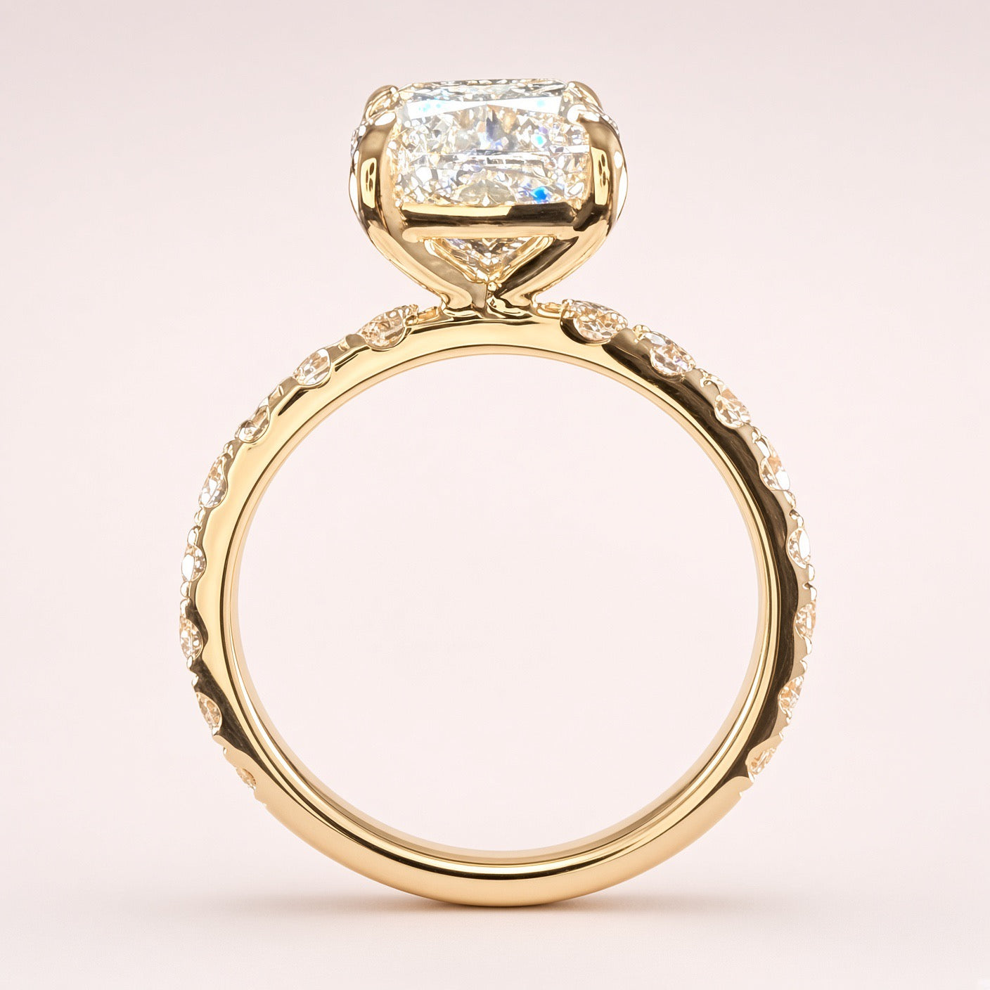 3Ct Cushion Cut Lab Grown Diamond Pave Engagement Ring | 14K Yellow Gold | IGI Cert. | D/VS1