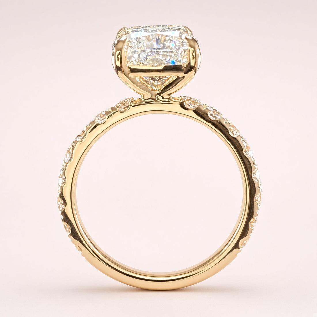 3Ct Cushion Cut Lab Grown Diamond Pave Engagement Ring | 14K Yellow Gold | IGI Cert. | D/VS1