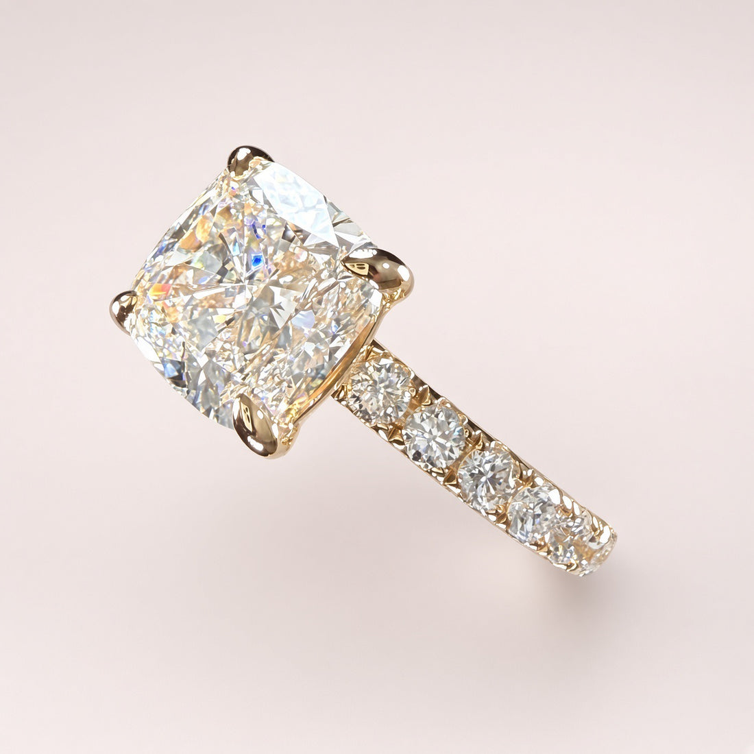 3Ct Cushion Cut Lab Grown Diamond Pave Engagement Ring | 14K Yellow Gold | IGI Cert. | D/VS1