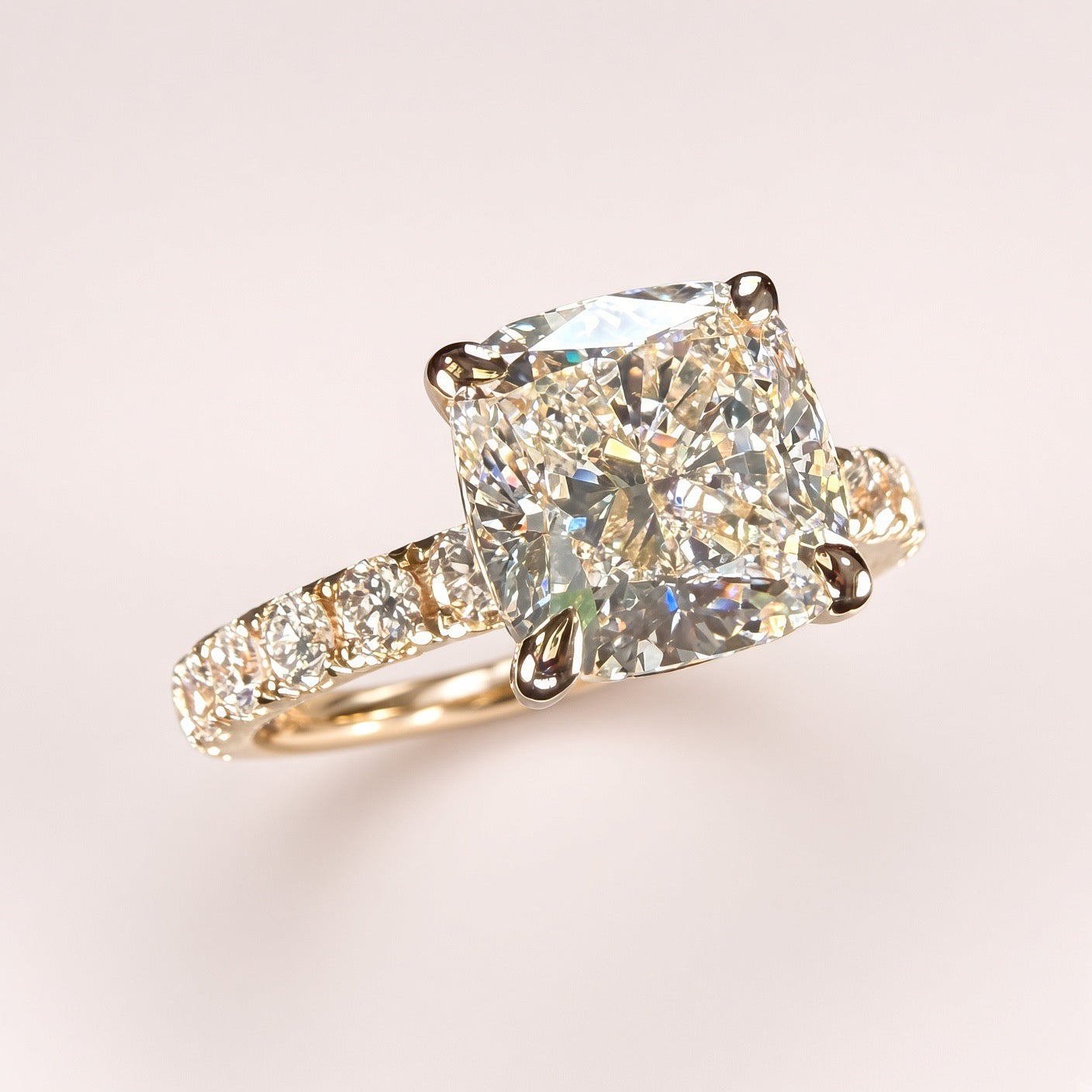 3Ct Cushion Cut Lab Grown Diamond Pave Engagement Ring | 14K Yellow Gold | IGI Cert. | D/VS1