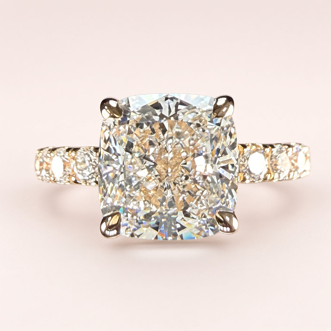 3Ct Cushion Cut Lab Grown Diamond Pave Engagement Ring | 14K Yellow Gold | IGI Cert. | D/VS1