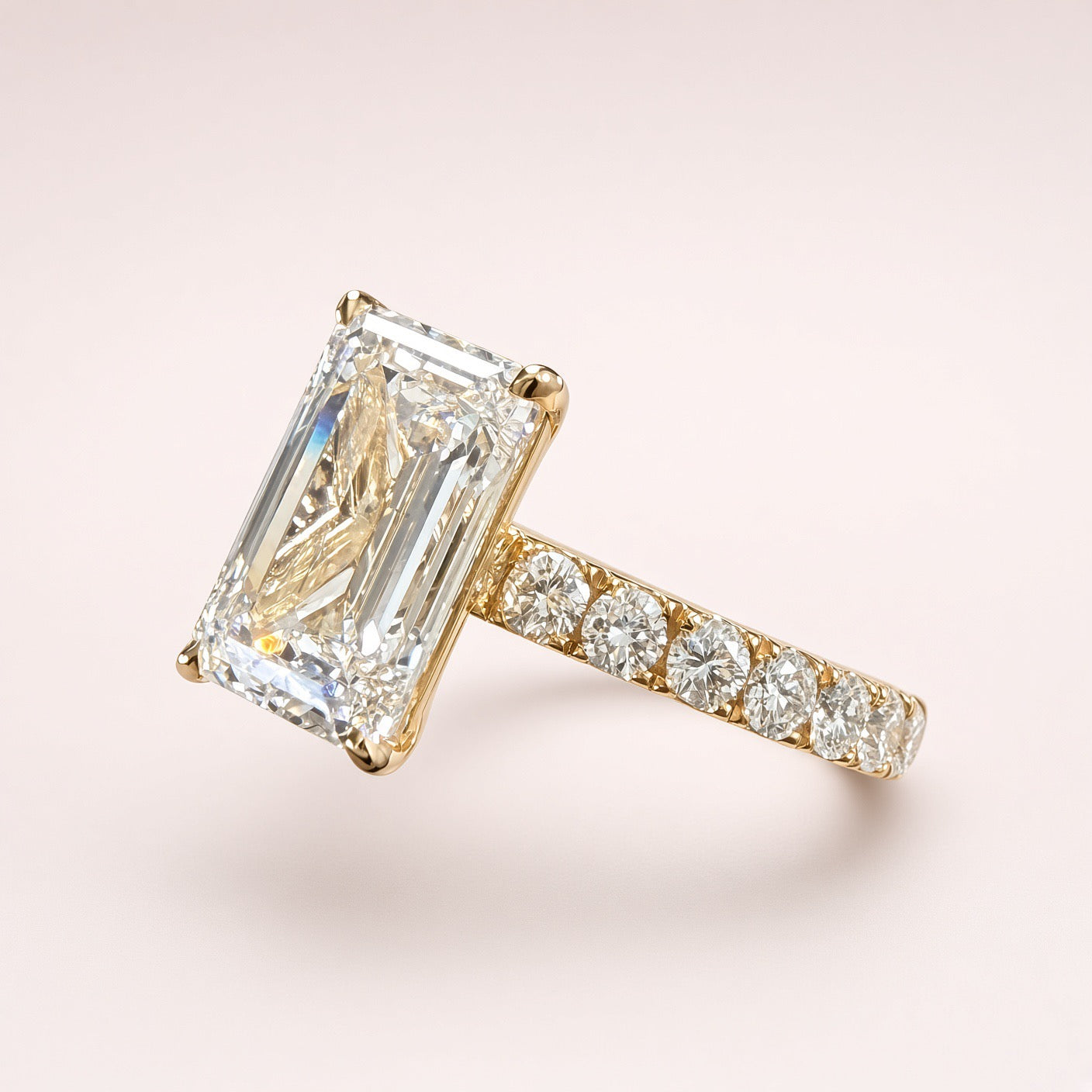 3ct Emerald-Cut Lab Diamond Pave Engagement Ring | 14K Yellow Gold | D/VS1 | IGI Cert.