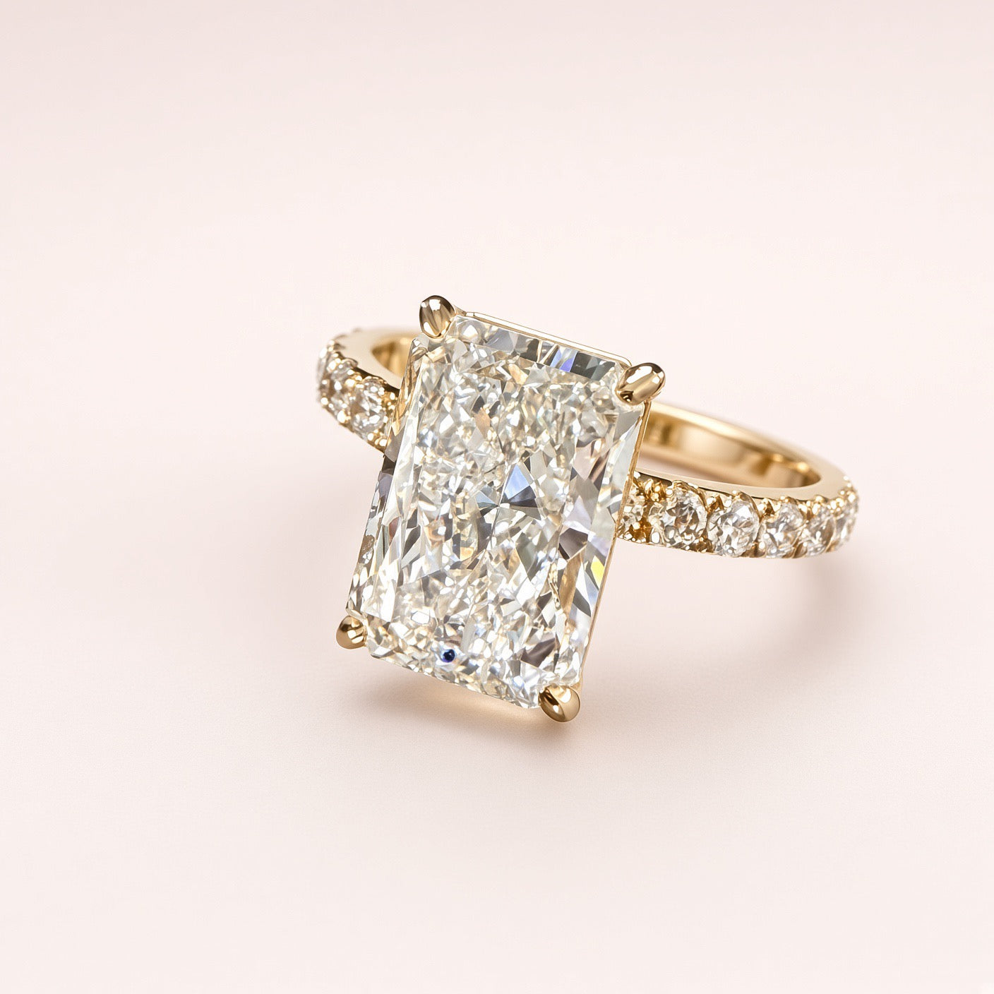 4.06ct Radiant Lab Diamond Pave Engagement Ring | 14K Yellow Gold | D/VS1 | IGI Cert.
