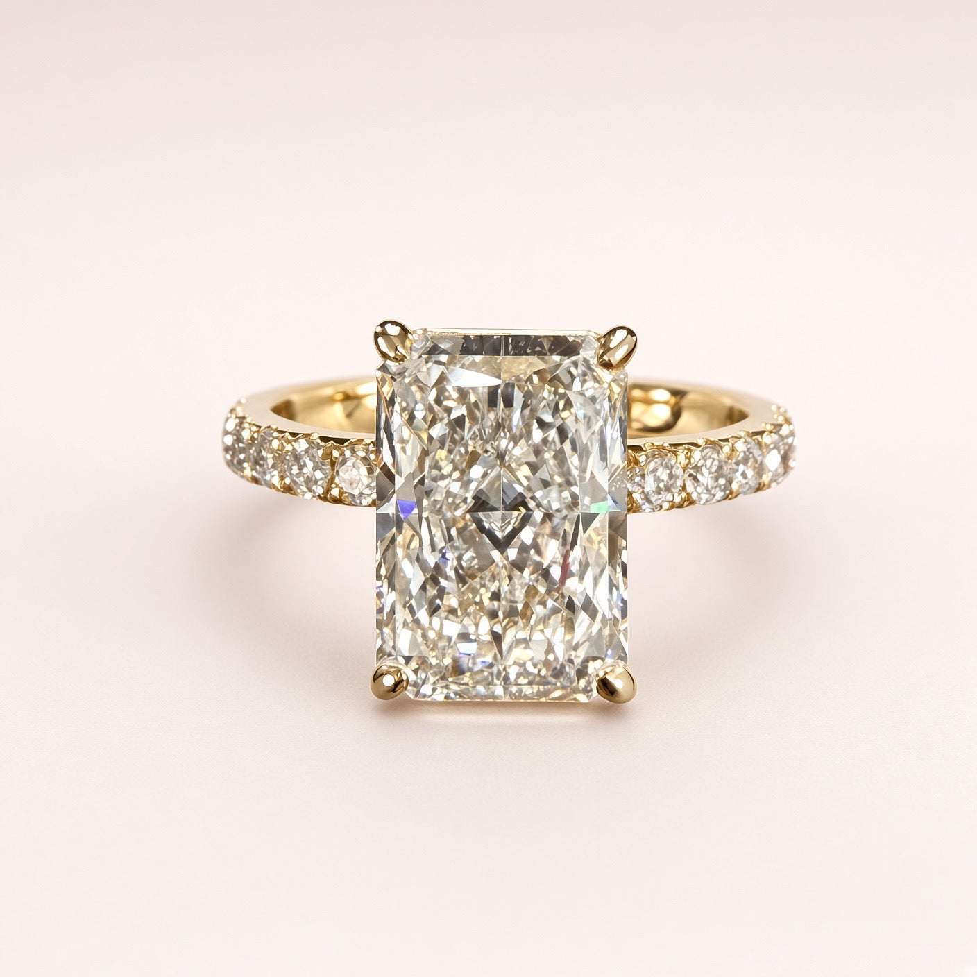 4.06ct Radiant Lab Diamond Pave Engagement Ring | 14K Yellow Gold | D/VS1 | IGI Cert.