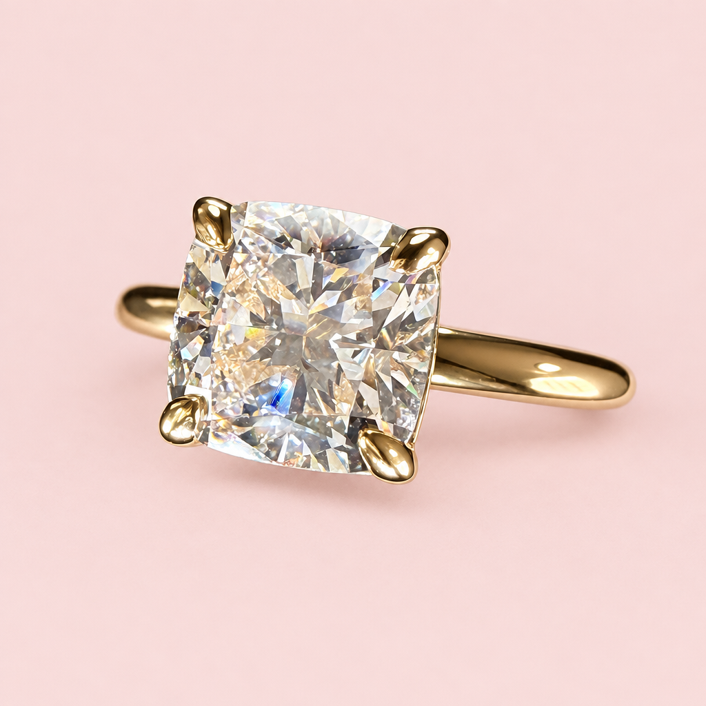 Angled front close-up of a cushion-cut diamond solitaire with four yellow-gold prongs and a plain band.
