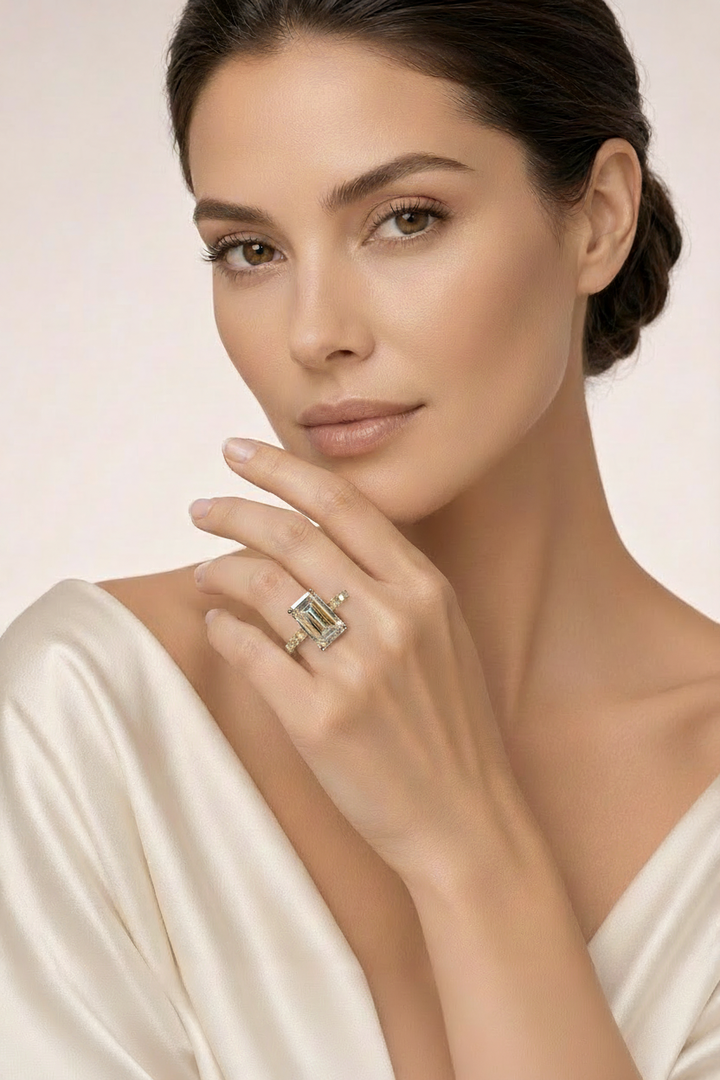 Emerald-cut ring on model