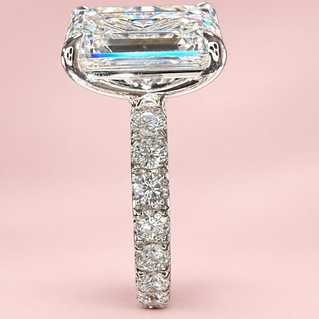 Emerald-cut ring profile with pink background