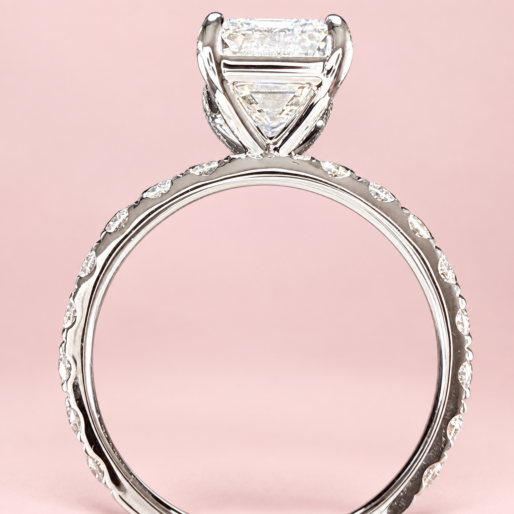 Emerald-cut ring underside with pink background