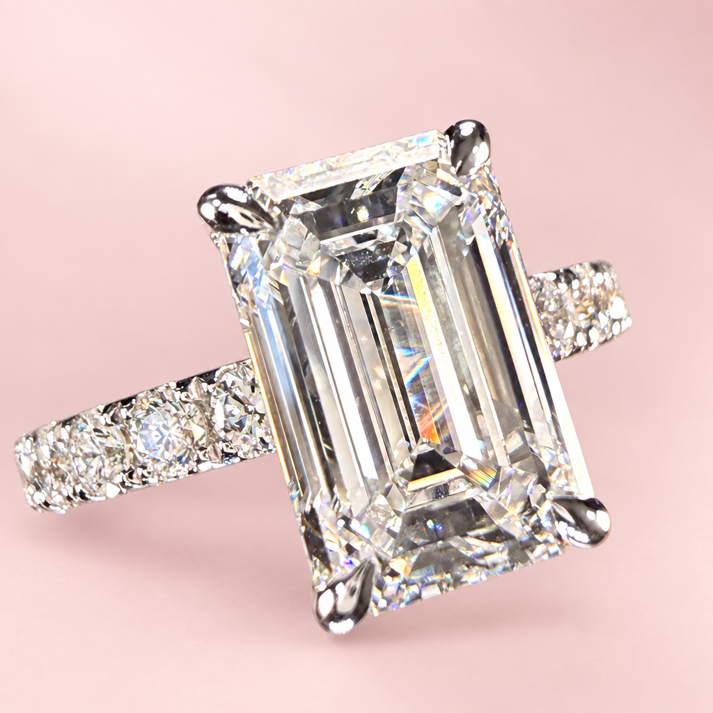Emerald-cut ring with pink background